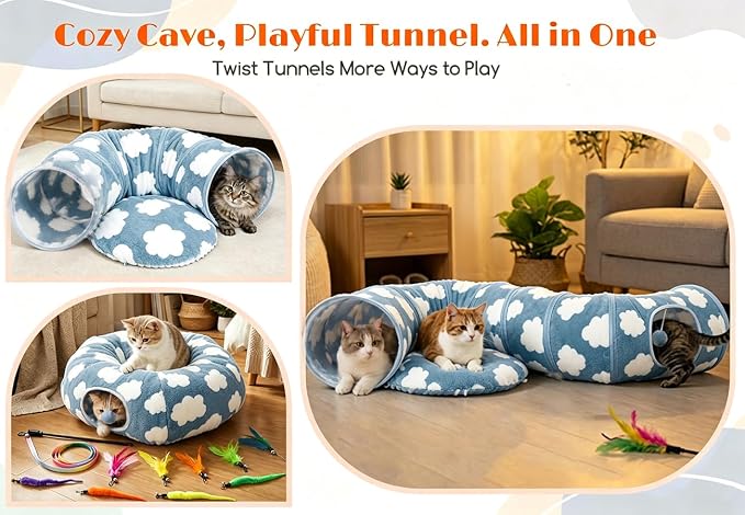 Cat Tunnel Bed with Toys – Large Collapsible Play Tube (Blue) | Soft Tube for Indoor Kittens & Adult Cats – Perfect for Hide & Seek, Pouncing, and Cozy Napping, Space-Saving & Foldable