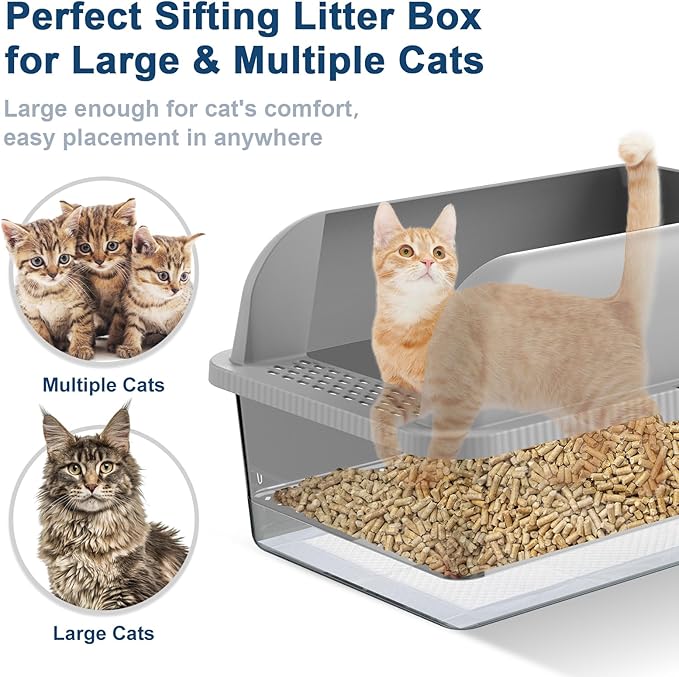 Suzzipaws XL Stainless Steel Sifting Litter Box with Lid for Pine Pellets | 7" Deep High-Sided Non-Stick Stainless Steel Pan with Anti-Leakage and Easy-Clean for Big Cats Using Pellets