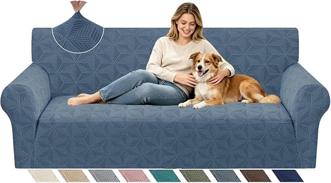 ZNSAYOTX Stretch Couch Cover, 1 Piece Sofa Covers for 3 Cushion Couch, Jacquard Sofa Slipcovers with Elastic Bottom Thickened Furniture Protector for Dog Cat Pet (Large, Dark Grey)