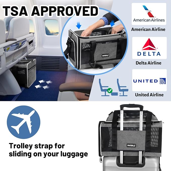 Cat Carrier Top-Expandable 18x11x11, United Delta American Airline Approved | Soft-Sided Small Dog Pet Carry Bag Under-Seat in Cabin, Puppy Airplane Travel Crate TSA Plane Under 10 lbs, Kitten Cage Grey
