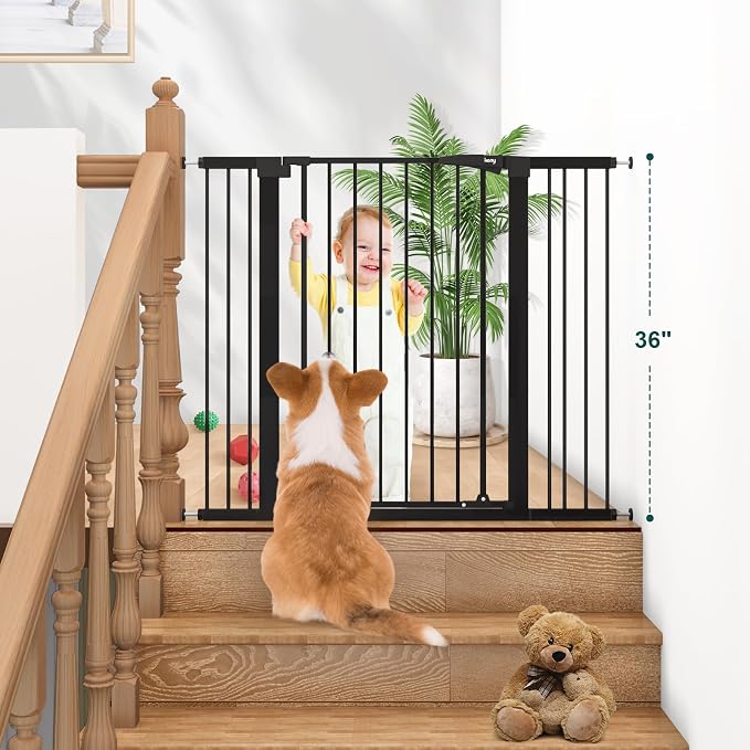 keny 36" Extra Tall Baby Gate for Doorways, Fits 29.7" to 46" Openings | Auto Close Pressured Mounted Dog Gate for Stairs, No Drilling Easy Install Pet Gate, Black