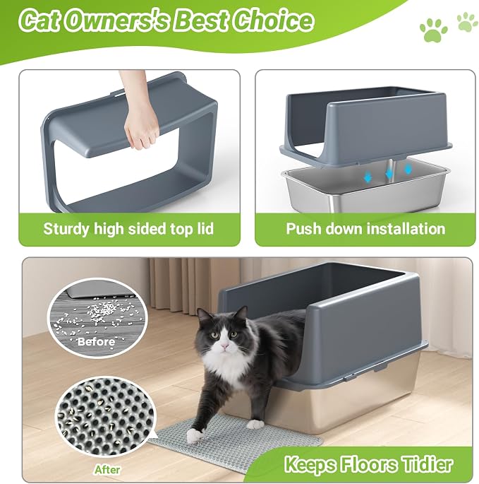 Stainless Steel Cat Litter Box with Lid,Metal Cat Litter Box,23.5x15.5x14in | Cat Litter Pan for Large Cats, Non-Sticky Large Kitty Litter Box Easy to Clean, Anti-Leakage,xxl
