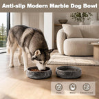 Karibiber Marble Dog Bowl, 6lbs Weighted Dog Food Bowl, Non-Slip Large Heavy Water Bowls, Grey Stone Food and Water Dish for Medium Dogs, Natural Marble, Easy to Clean, Holds 6 Cups