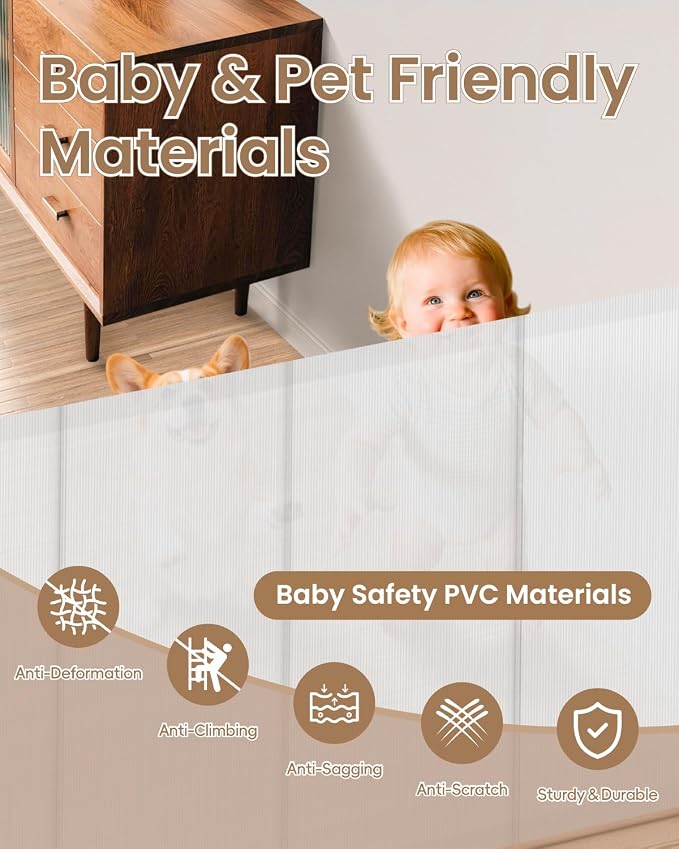 Baby Gate Mesh, 71" Wide 34" Tall Retractable Mesh Baby Gates | Mesh Pet Gate, One-Hand Operation, Baseboard Fit, 6 Reinforced Rods, for Open Kitchen, Living Room & Playroom, White
