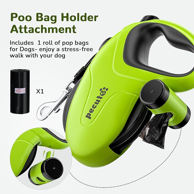 Pecute 32ft Retractable Dog Leash with Reflective Strips, 360° Tangle-Free, One-Button Control & Sturdiness Nylon Material, Long Leash Retractable with Poop Bag Holder for Small Medium Dog