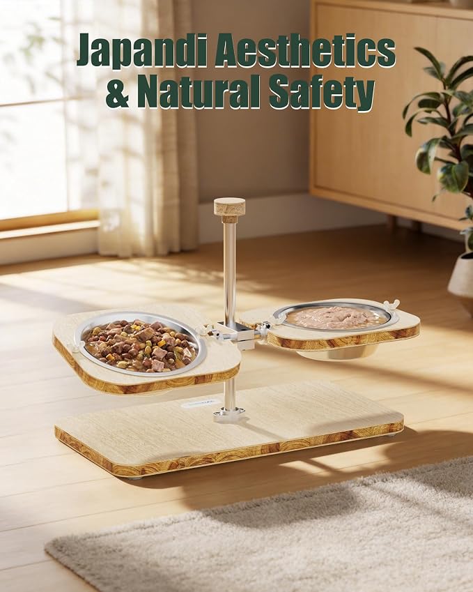 Elevated Cat Bowls with Wood Stand Adjustable Tilt (2 Cups/Bowl) | FSC Certified E0 Grade Frame,Whisker Fatigue Comfort,Dishwasher Safe Stainless Inserts,Non-slip Pads