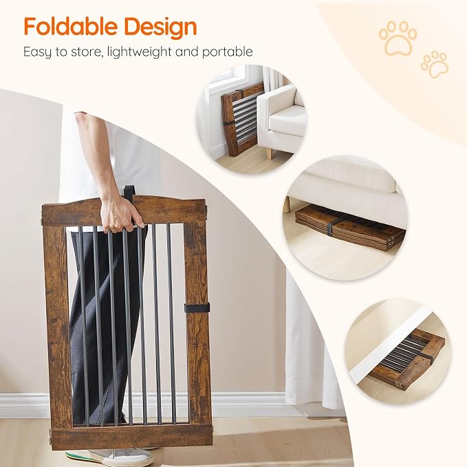 HOOBRO Indoor Dog Gate with Support Feet, Freestanding Pet Gate for Doorway, Stairs, 24 Inch 3 Panels, Folding Dog Fence, 360° Hinge for Easy Access, Sturdy Iron Pipe, Rustic Brown BF05PP03