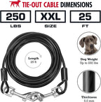 Tuff Pupper Dog Tie Out Cable, 25 ft Heavy Duty Lead for up to 250 lb Dogs | Extra-Strong Coated Steel Wire for Large Dogs; Water/Rust Resistant Yard Runner Line with 360-Degree No-Tangle Swivel Clips