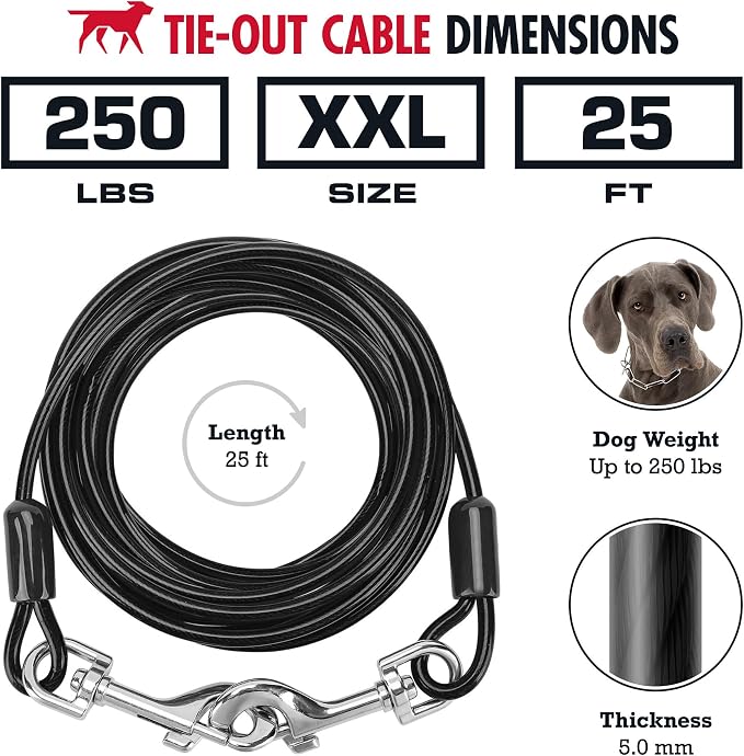 Tuff Pupper Dog Tie Out Cable, 25 ft Heavy Duty Lead for up to 250 lb Dogs | Extra-Strong Coated Steel Wire for Large Dogs; Water/Rust Resistant Yard Runner Line with 360-Degree No-Tangle Swivel Clips
