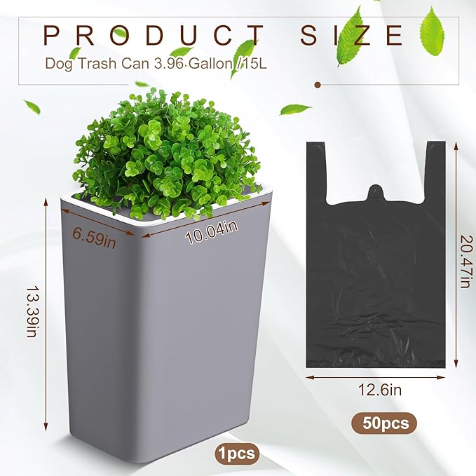 Jingmore Dog Poop Trash Can Outside 3.96 Gal/15 L Plant Styled Dog Waste Trash Can with Lid 50 Waste Bags Outdoor Indoor Poop Container Slim Garbage Bin for Yard Garden Pet (Gray)