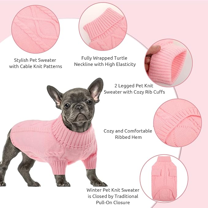 Queenmore Small Dog Pullover Sweater, Cold Weather Cable Knitwear, Classic Turtleneck Thick Warm Clothes for Chihuahua, Bulldog, Dachshund, Pug, Yorkie (Pink, Large)