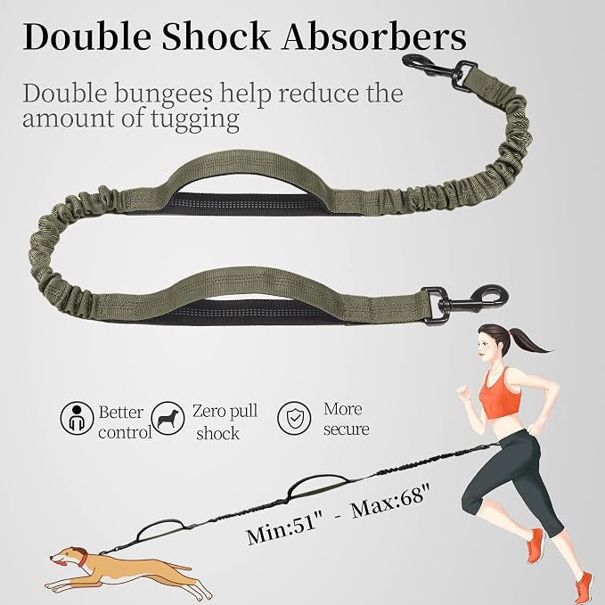 iYoShop Hands Free Dog Leash with Zipper Pouch, Dual Padded Handles and Durable Bungee for Walking, Jogging and Running Your Dog (Large, 25-120 lbs, Military Green)