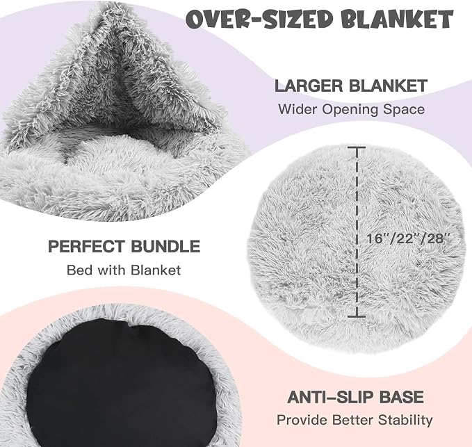 Himax 26in Covered Dog Bed with Blanket Attached Calming Burrow Light Grey | Dog Bed Medium Size dog, Anti-Anxiety Donut dog bed with cover, Washable Round Fluffy Pet& Cat Beds