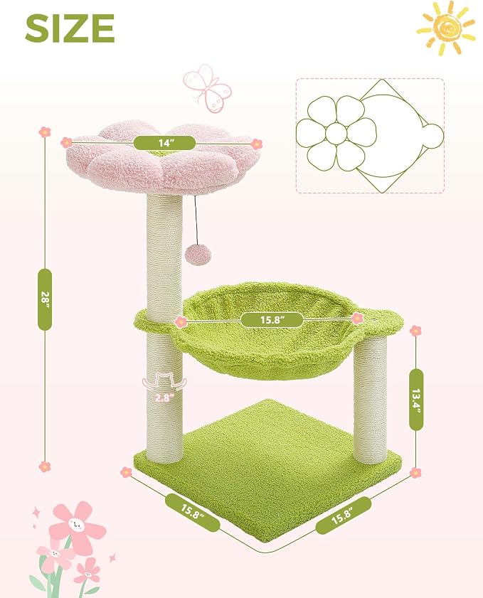 MUTTROS Flower Cat Tree, 28" Cat Tower with Cozy Flower Perch, Large Hammock for Indoor Small Cats, Cute Cat Tree with Sisal Scratching Post and Fur Toy Ball for Kittens, Pink | Plush flower perch, Metal frame hammock, Sisal post, Fluffy toy ball, Thic...