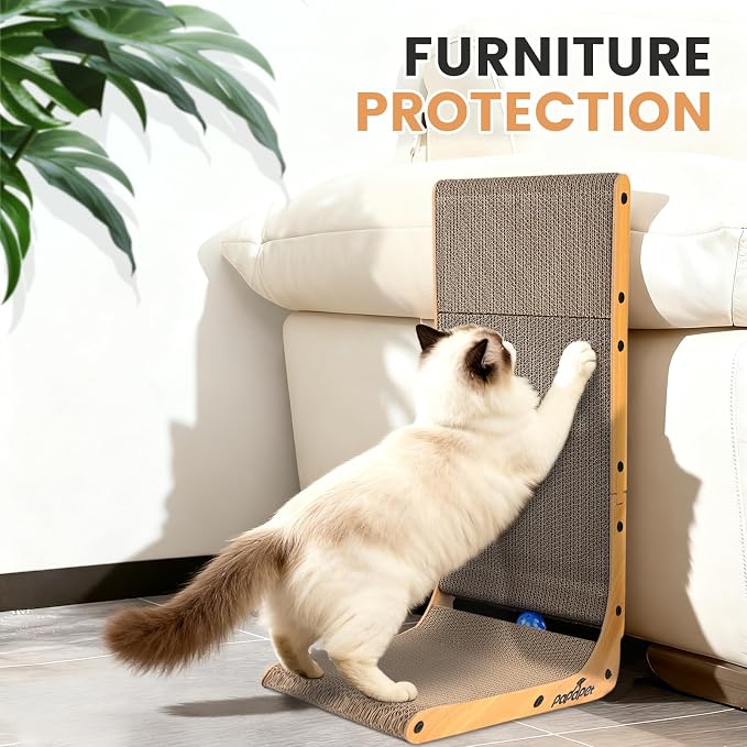 Cardboard Cat Scratcher for Indoor Cats, 26.8 Inch L Shaped Vertical Cat Scratching Board with Ball Cat Toy, Large Cardboard Cat Scratcher Pad