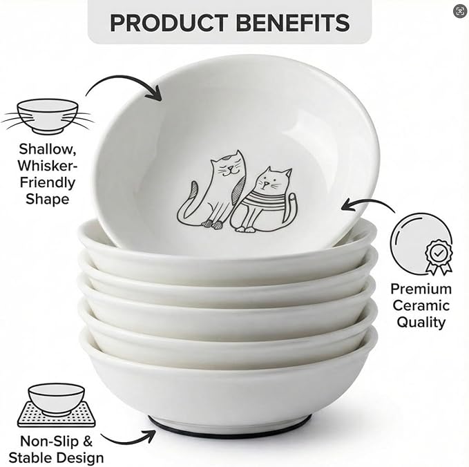 Non-Slip Cat Food Bowls, 6 Pack Whisker-Friendly Ceramic Bowls | 5.6-Inch Wide Shallow Bowl, Silicone Base, Food-Safe Ceramic, Dishwasher & Microwave Safe, Easy Clean