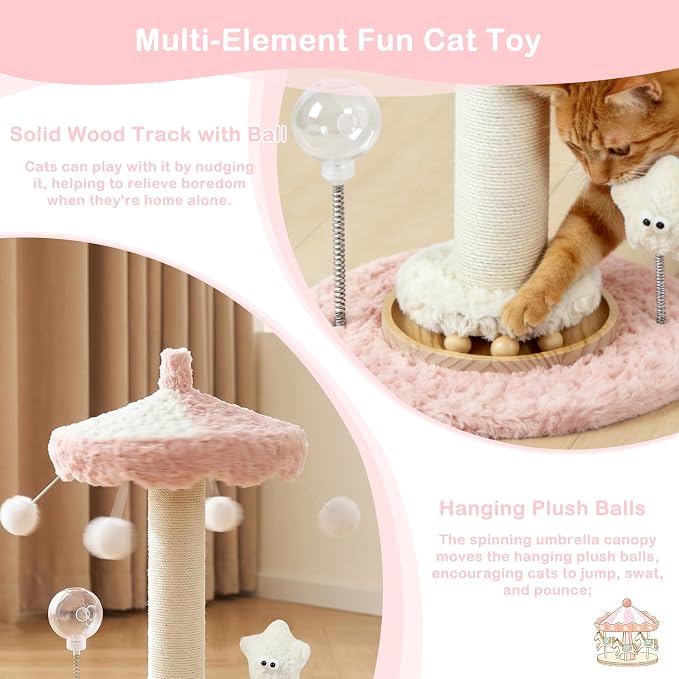 Kitten Scratching Post, Cute Pink Cat Scratcher Sisal | Rotating Canopy, Hanging Balls, Ball Track, Star-Shaped Talking Toy, Snack Balls, 24'', for Indoor for Kittens Adults Cats