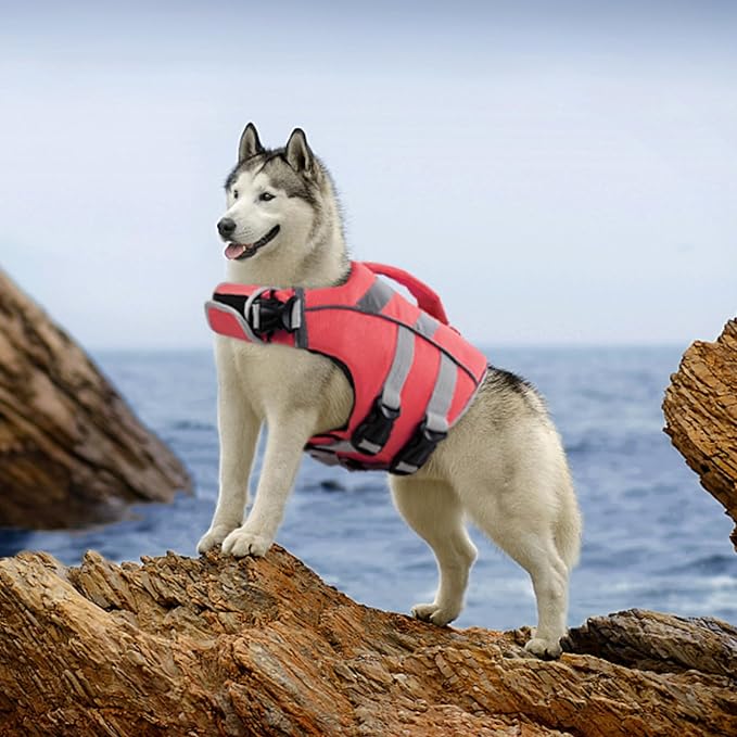 Kuoser Reflective Dog Life Jacket, Dog Life Vest for Swimming Boating | Adjustable Pet Lifejackets, High Flotation Doggie Swimsuit with Rescue Handle for Small Medium Large Dogs