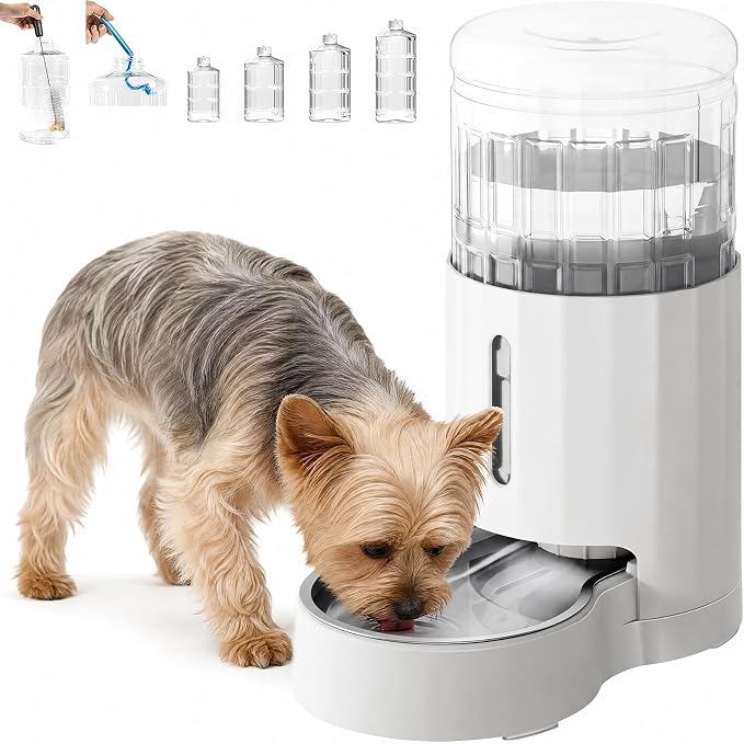 CZPET Dog Water Bowl Dispenser 5L, Wider Mouth Gravity Refilling (White) | Automatic Cat Waterer with Removable Stainless Steel Bowl, Upgraded Brush, Easy Cleaning, Large Drinking Area for Multi-Pet