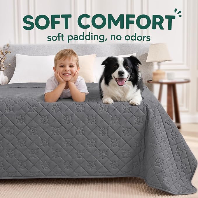 PAWFINITY Waterproof Bed Cover for Dogs, Pet Blanket for Mattress Washable | Paw Print Quilted, Hair Resistant, Anti Cat Scratch, Pee Proof Furniture Protector for King Size Bed, 82x82 Inch, Grey