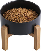 Black Elevated/Raised Dog Bowl Ceramic with Wood Stand for Medium Large Breed,Dog Food Water Dish Heavy Weighted,8 in Non Slip Modern Cute Porcelain Pet Bowl Extra Large