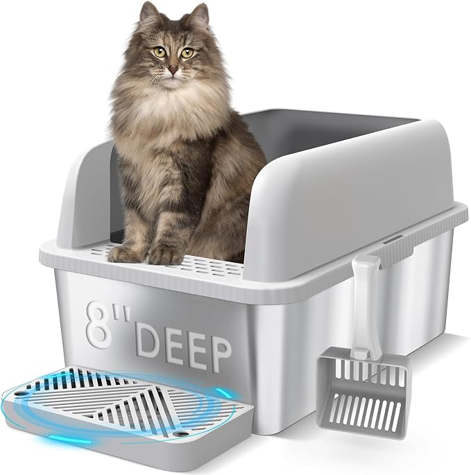 Suzzipaws XL 8" Deep Enclosed Stainless Steel Cat Litter Box for Big Cats | High-Side Anti-Leakage Structure, Non-Sticky Surface, Simple Daily Cleaning, Comes with Scoop & Filter for Multi-Cat Homes
