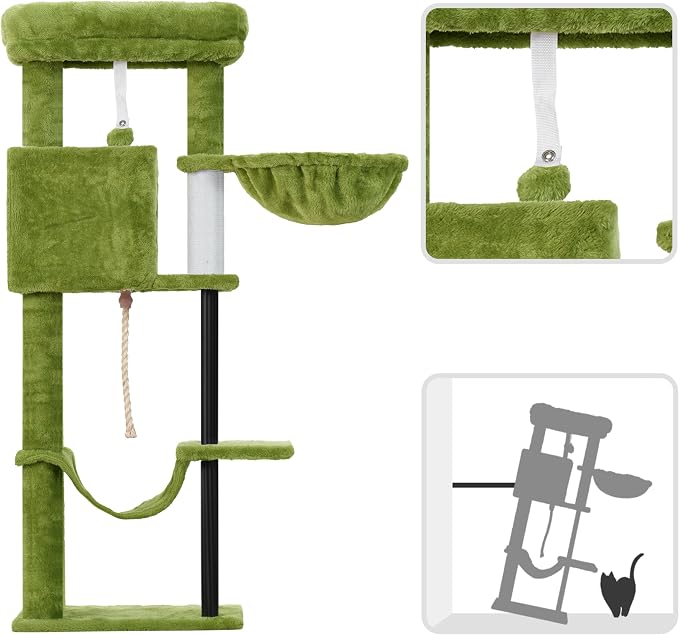 Gitelsnour Cat Tree, 43.3'' Cat Tower with Hammock for Kittens GCT004SGR | Cat Condo House for Small Indoor Cats, Basket, Scratching Post, Large Platform, Sturdy Steel Tube, Sisal Rope, Green