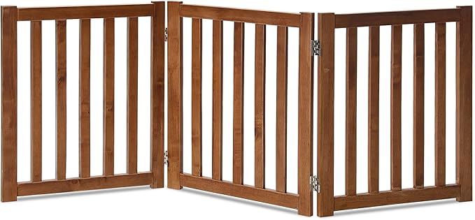 LZRS Wooden Free Standing Dog Gate 60" W x 24" H, Foldable Solid Hardwood Pet Safety Fence for House Doorways, Stairs, Hallways, Step-Over Pet Barrier, No Drill Easy Setup, Oak