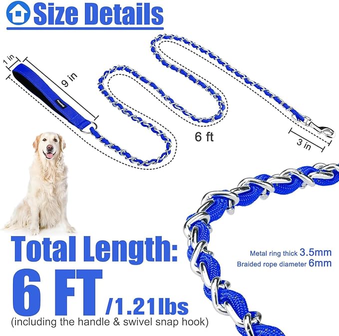 HOMIMP Chew Proof Dog Leash for Medium Large Dogs, Reflective 6 FT Heavy Duty Metal Chain Dog Leashes with Soft Padded Handle, Anti Bite Durable Rope Leashes for Pitbull, Non Chewable