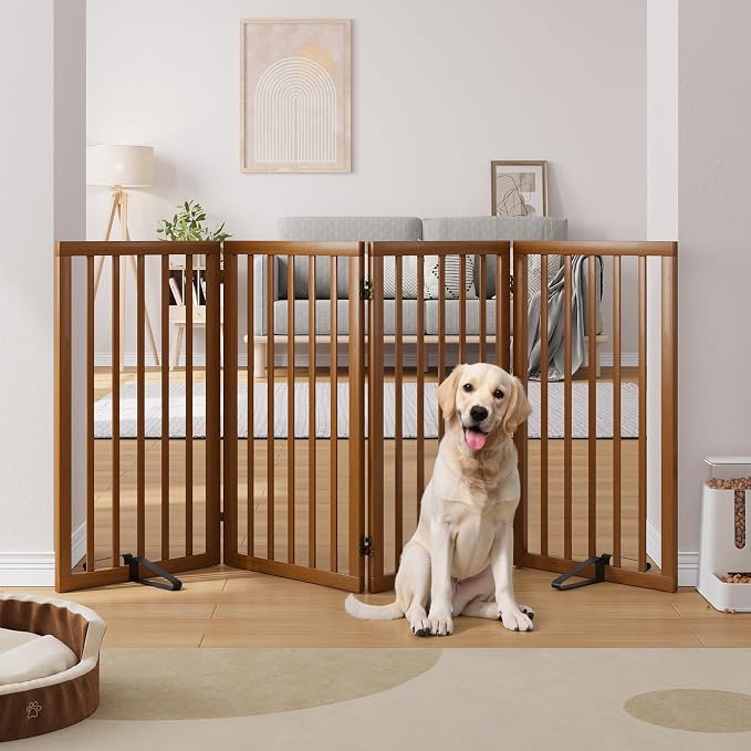 32" H Extra Tall Freestanding Dog Gates Indoor, 4-Panel Bamboo Wood Door Gates for Pets with 2 Metal Stands and 360°Hinge, Folding Pet Barrier for Stairs, Doorways, Kitchen 74" W x 32" H - Walnut