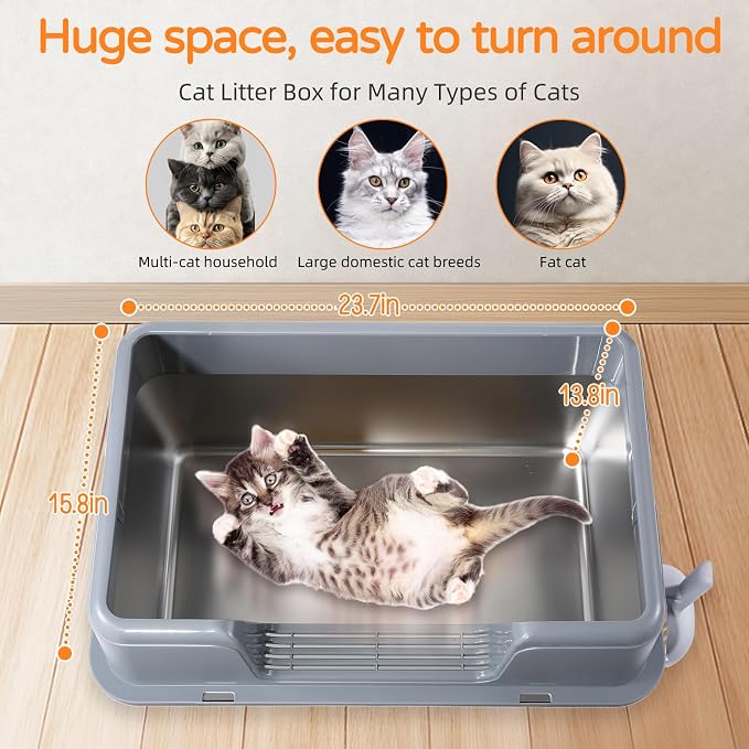Stainless Steel Cat Litter Box with Lid, 23.7" L x 15.8" W x 13.8" H XL Metal Kitty Litter Box for Big Cats, High Sided Enclosure, Non-Sticky, Anti Urine Leakage, Easy Cleaning