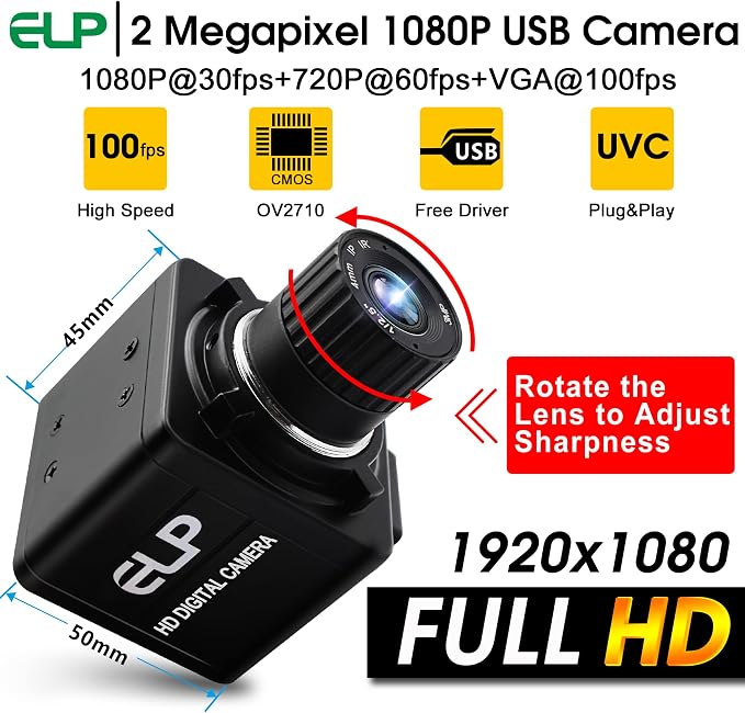 ELP USB Camera Manual Zoom 4mm Lens Prototype Camera 2Megapixel 1080p Webcam Cmos OV2710 Webcamera High fps 100fps Web Cam Security Surveillance Dog Pet Baby Video Monitoring USB Cameras for Most OS