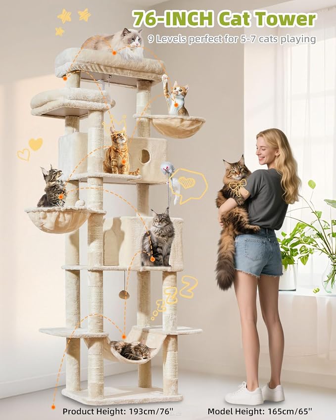 Taoqimiao 76in Cat Tree, Tall Sturdy Cat Tower for Large Indoor Cats MS046M | Easy assembly, Sturdy, Multi Level, Easy Clean, Cozy Condo, Perches, Baskets, Suitable for Kittens and Adult Cats