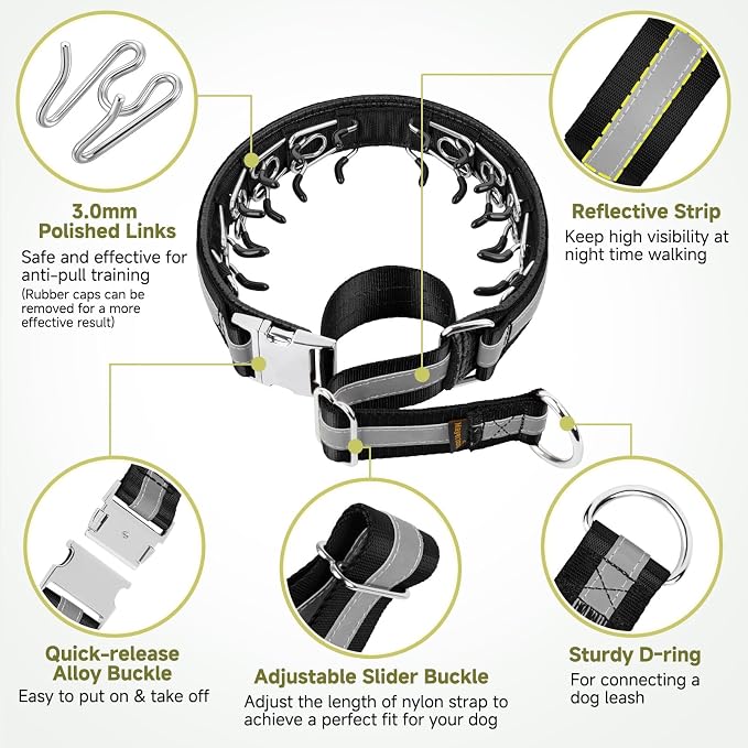 Mayerzon Martingale No Pull Dog Collar with Alloy Buckle, Black, M, 3mm | For Medium Large Dogs that Pull, Patented Dog Walking Training Collar, Thick Foam Padding, Reflective, Adjustable, 1.5'' Wide