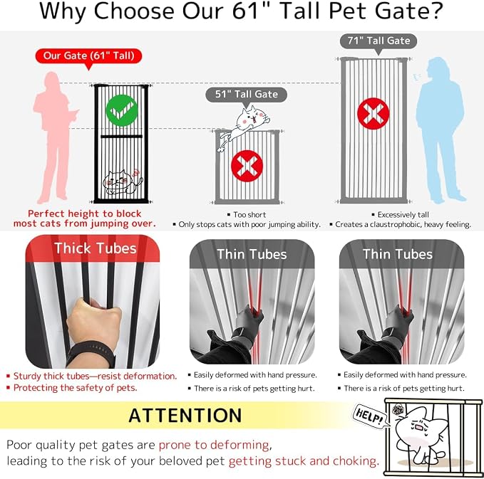 Lumizone 61.02" Extra Tall Pet Gate for Cat Dog 30.12"-38.38" Wide Black | Extra Tall Cat Gate for Doorway Hallway Stairs Pressure Mounted 1.37" Gap No Drilling Auto-Close Dual-Lock