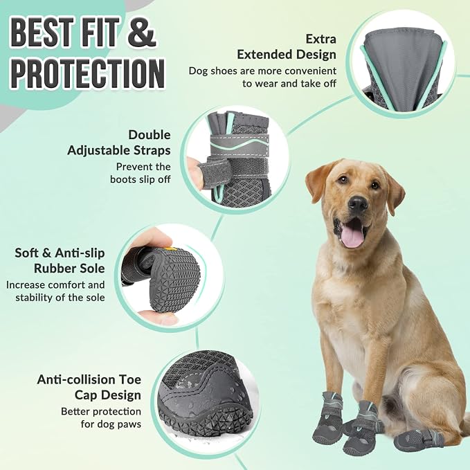 SlowTon Dog Shoes for Large Small Medium Dogs - Breathable Dog Boots for Summer Hot Pavement, Paw Protector for Outdoor Walking Winter Snow, Anti-Slip Rubber Dog Booties for Hardwood Floor (Gray, 3)