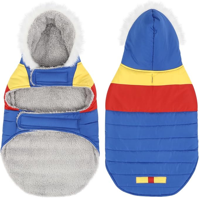 HDE Dog Puffer Jacket Fleece Lined Warm Dog Parka Winter Coat with Harness Hole 90s Colorblock - L