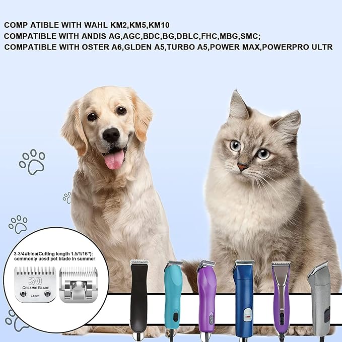 #30 Blade Dog Grooming Replacement Blades Compatible with Andis/Wahl/Oster | Dog Clippers,Detachable Ceramic Blade & Stainless Steel Blade,Size-30, 1/50-Inch Cut Length (64260),3Pack