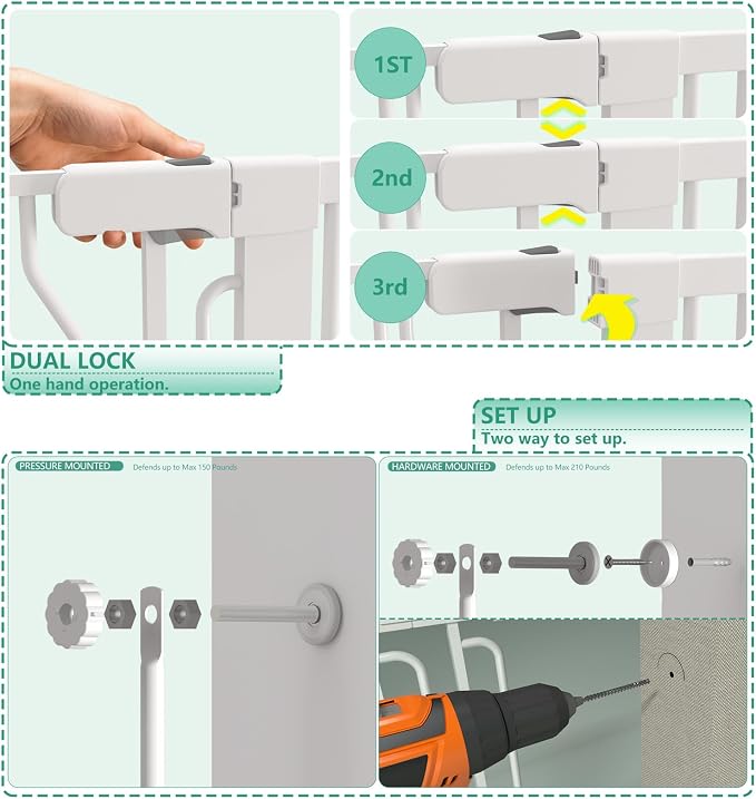 51" Extra Tall Cat Gate 28.5"-35" Wide, Auto Close, Pressure Mounted, for Cats & Small Dogs, Hallway, Stairs, Kitchen,Pet Gate,White