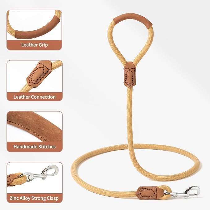 Mile High Life Dog Leash with Genuine Leather Handle, 6 FT/5 FT/4 FT | Leather Grip Rope Leash, Heavy Duty 360° Swivel Metal Clasp, for Small Medium & Large Dogs