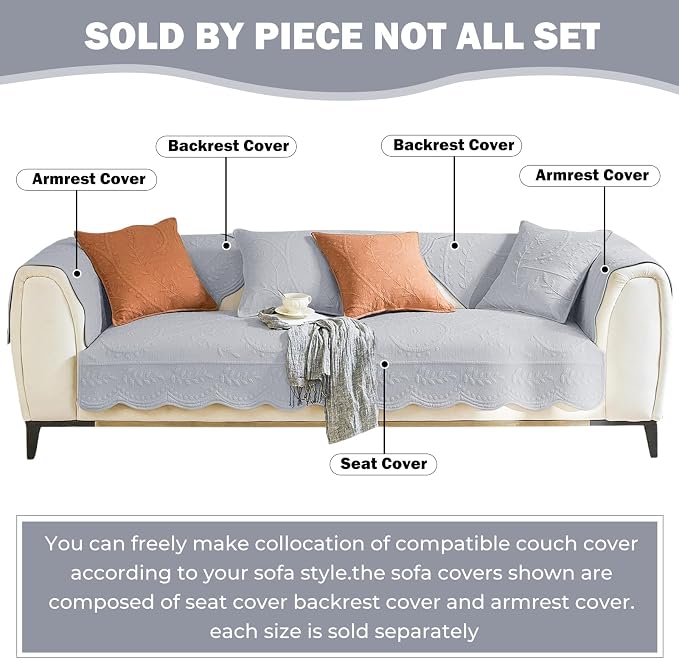 Leaf Floral Cotton Quilted Dog Couch Cover for Sofa Farmhouse Rustic Embroidered Sectional Couch Cover Soft Anti-Slip Sofa Slipcover Furniture Protector for Kids, Pets (Grey,36"x63")