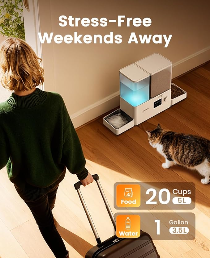 oneisall Automatic Cat Feeder and Water Dispenser with 5G WiFi, 36Cups/8.5L | App Control, 2-in-1 Auto Cat Feeder, Gravity Water Dispenser, Large Capacity, Timed Cat Feeder for Dry Food, for Cats, Pets
