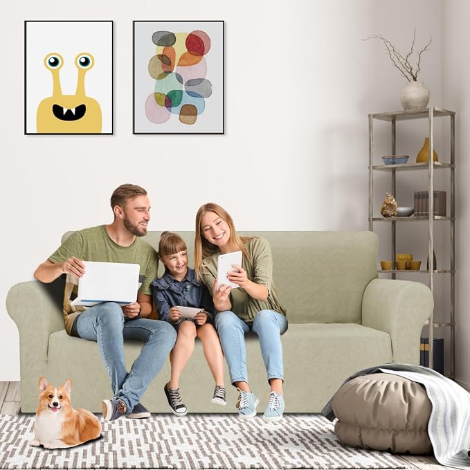 MAXIJIN Couch Covers for 3 Cushion Couch Sofa (71"-91"), 1-Piece Stretch Sofa Cover Slipcover Furniture Protector with Elastic Bottom for Kids,Dogs (Large, Diamond Pattern Khaki)