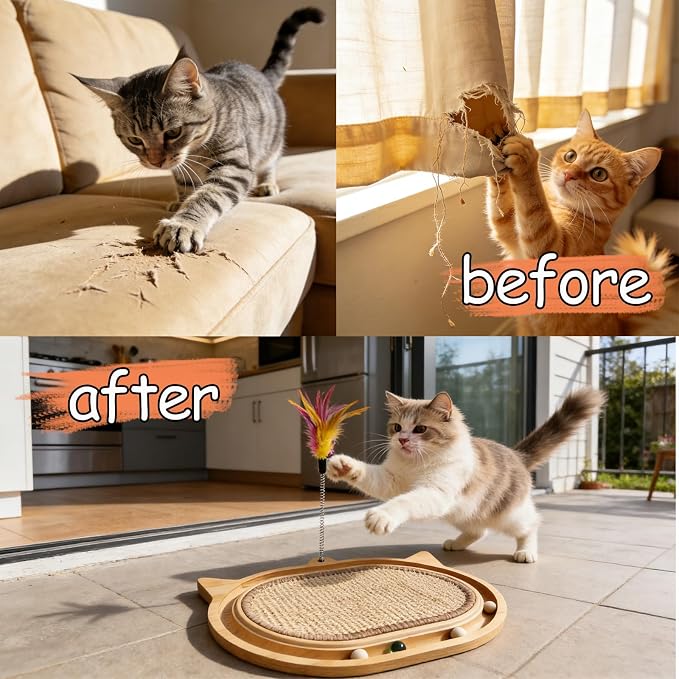 Sisal Cat Scratcher Toy with Ball Track Feather and Ball, Wooden Interactive Toy for Indoor Cats, Scratch Pad,Kitten Toys for Chasing Hunting Physical Exercise