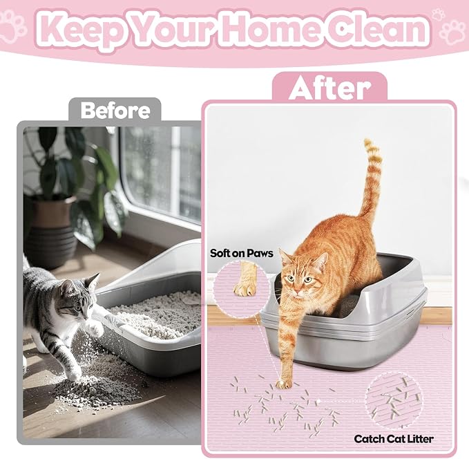 Silicone Cat Litter Mat for Litter Box 40”x28” Large Cat Mat, Pink | Waterproof, Non-Slip, Leak-Proof Rug Mat with Lip, Easy to Clean, Extra Large Litter Catcher Mat for Floor