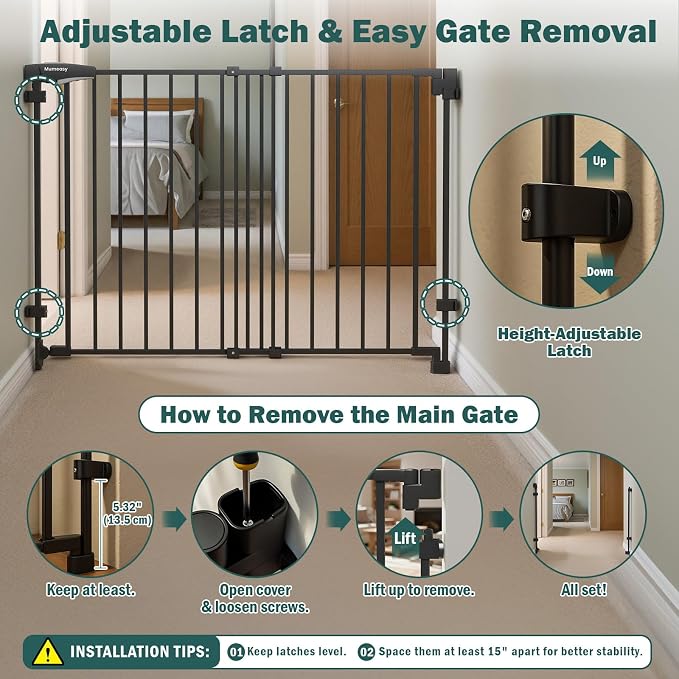 Mumeasy 30" Tall Baby Gate for Stairs & Doorways, No Bottom Bar Dog Gate | 29.5-43.3" Expandable Hardware Mounted, Auto Close Extra Wide Walk Thru Pet & Toddler Proof Safety Gate Indoor, Hallway,Black