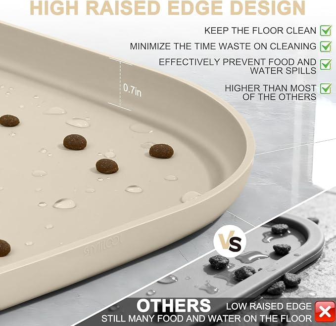 SMILOOL Small Silicone Pet Food Mat with Raised Edge for Food and Water Bowl, Square Dog Feeding Mats, Cat Food Trays for Floor Waterproof, Rubber Tray for Dogs and Cats, 12 x 12 x 0.7 Beige