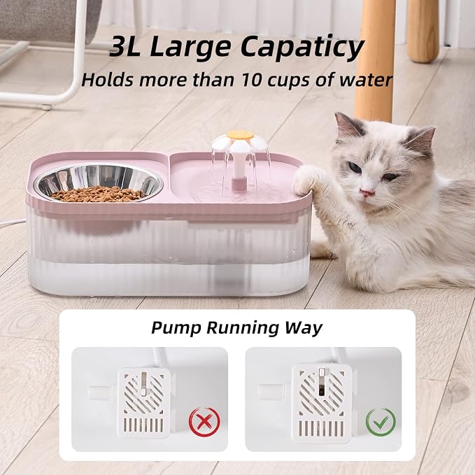 Cat Water Fountain and Food Bowl, 3L/101oz Ultra Quiet Pet Water Dispenser with Smart Pump and 3 Replacement Filters, Automatic Flower Fountain & Stainless Steel Bowl for Dog & Cat (Pink)