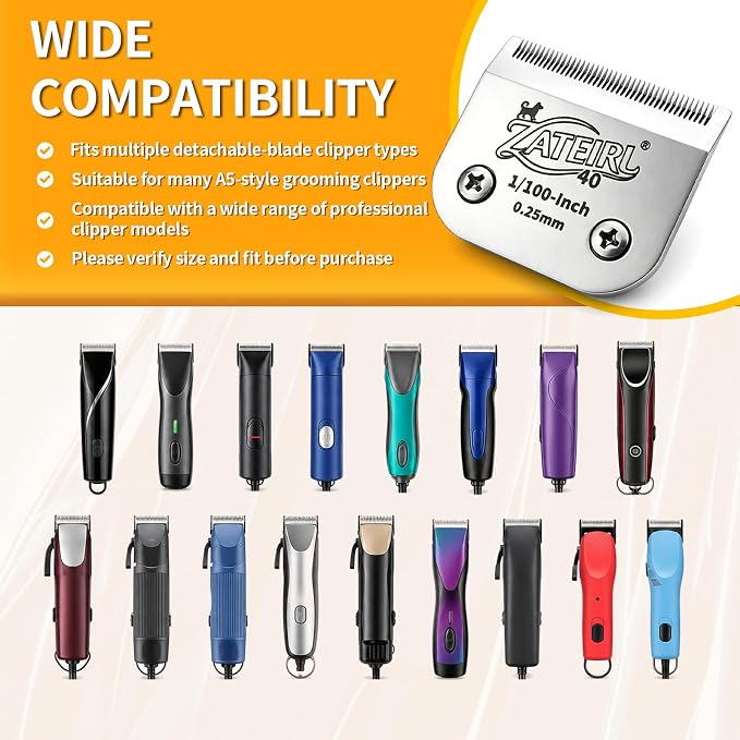 Size 40 Detachable Pet Grooming Clipper Blade with Ceramic Cutter, 0.25mm 1/100 Inch Cut Length, Silver, Compatible with Andis, Oster A5, Wahl KM10, 3 Pack