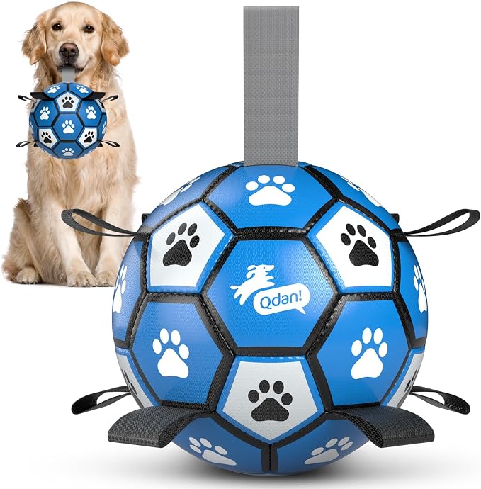 QDAN Dog Ropes Toys, Soccer Ball with Straps, Tug of Toy, Dog Birthday Toy | 8 Inch Soccer Toy with Straps, Dog Tug Toy for Tug of War, Puppy Birthday Gifts, Training Herding Balls for Outdoor, Blue